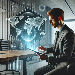 DALL·E 2024-11-21 16.33.37 – A professional man working on a futuristic project using a high-tech digital tablet, with a glowing world map projected in the air. The scene is moder