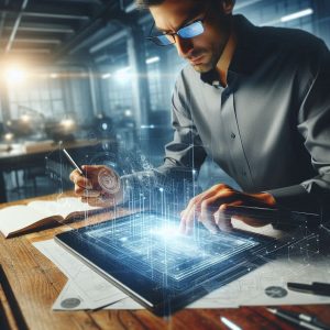 a photo-realistic image of a man working on a project using a high technology digital tablet, size 1200×400 pixels